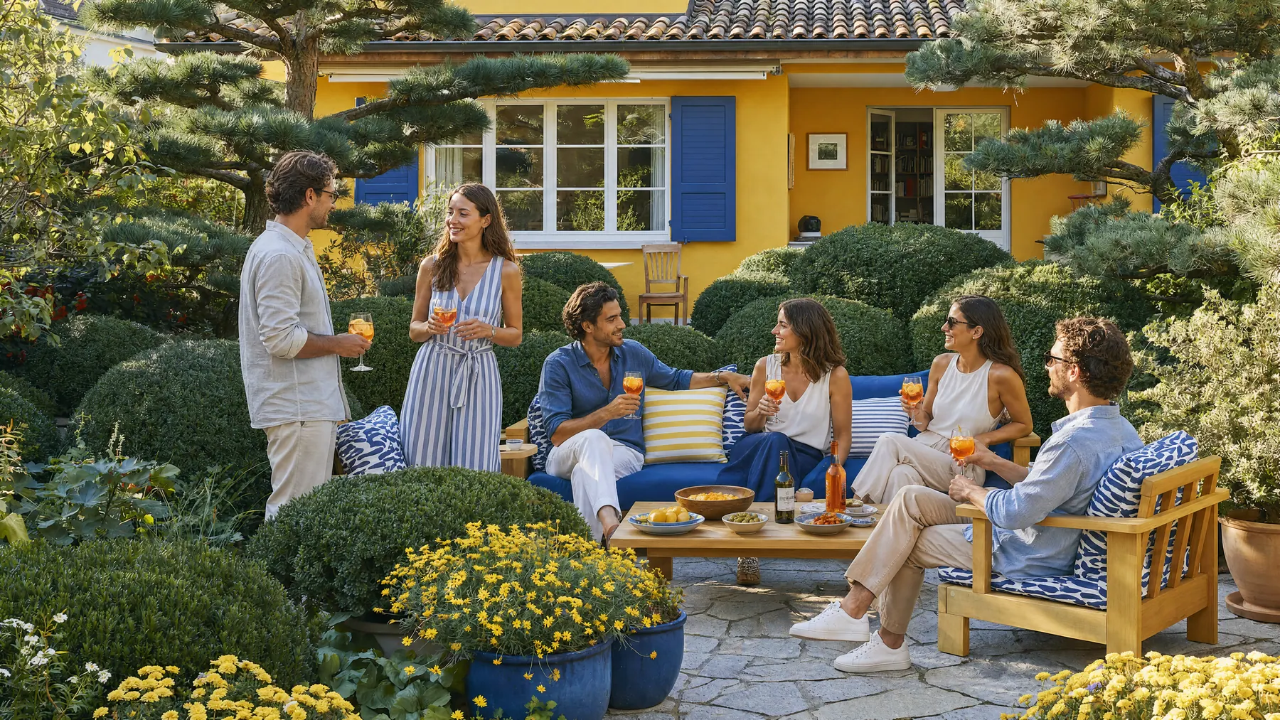 Freunde geniessen einen Apéro im sonnigen Garten